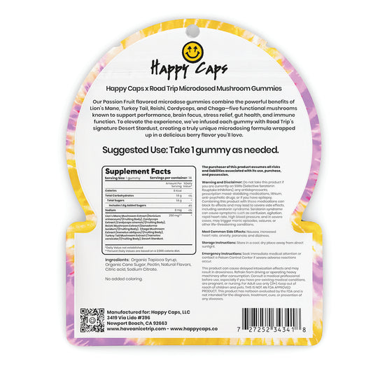 Happy Caps® x Road Trip - MICRODOSED Gummies + Functional Mushrooms - Passion Fruit