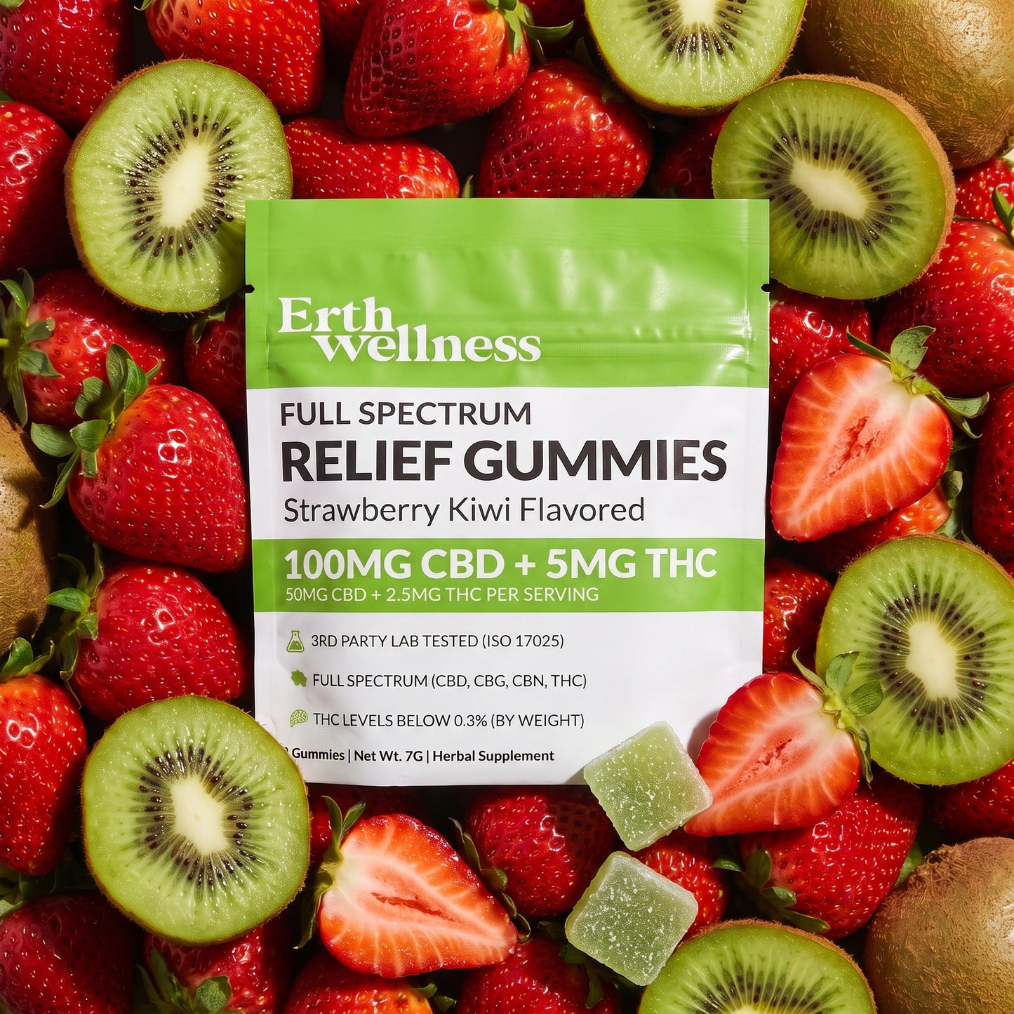 Full Spectrum RELIEF Gummies - Strawberry Kiwi - 100mg CBD + 5mg THC (Sample Size)