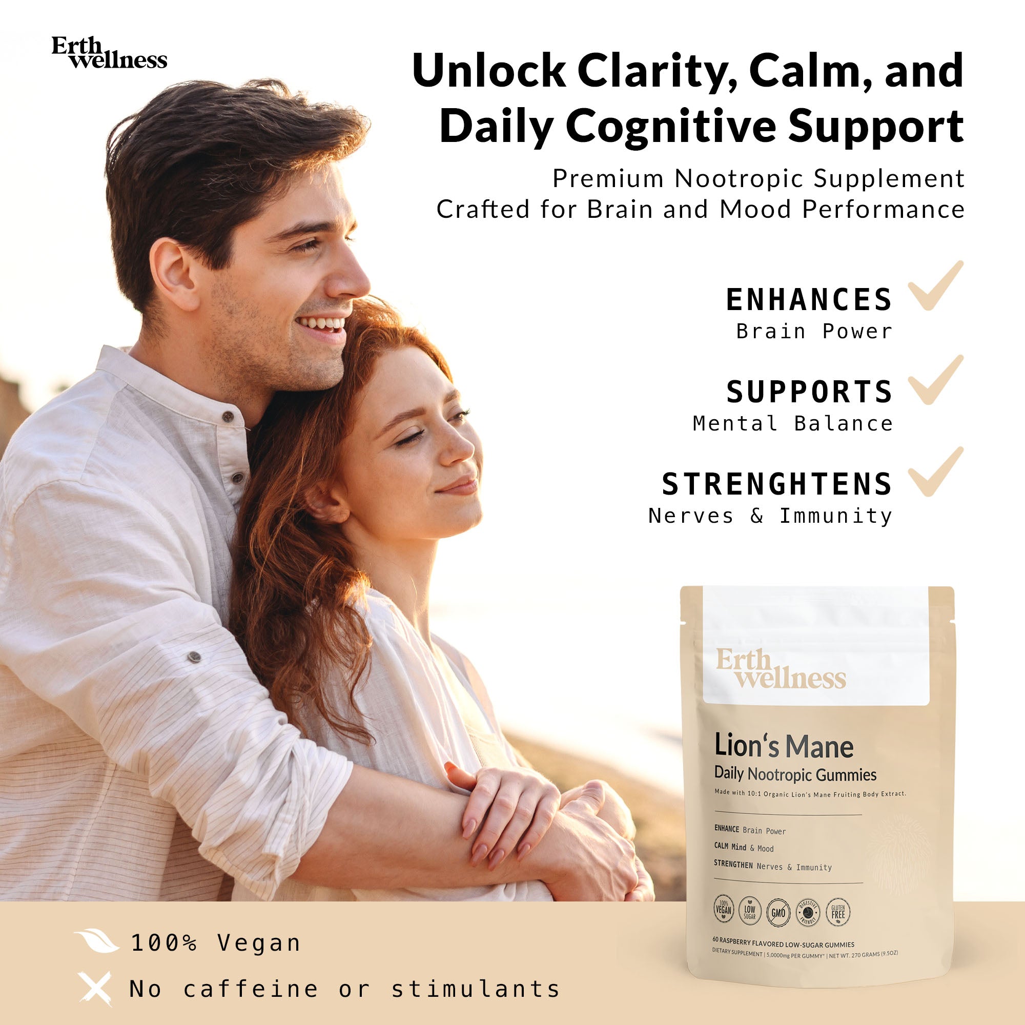 Lion’s Mane Nootropic Gummies by Erth Wellness – 10:1 Fruiting Body Extract – Cognitive Support